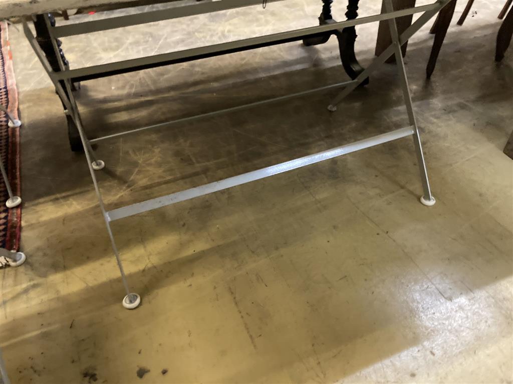 A modern painted slatted wood and metal garden suite of folding table, width 120cm, depth 72cm, height 75cm, bench and a pair of elbow